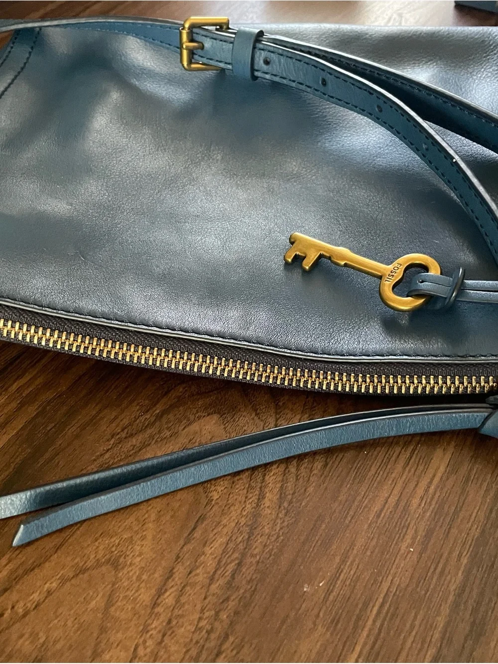 Fossil Navy Leather Crossbody Bag with Gold Hardware